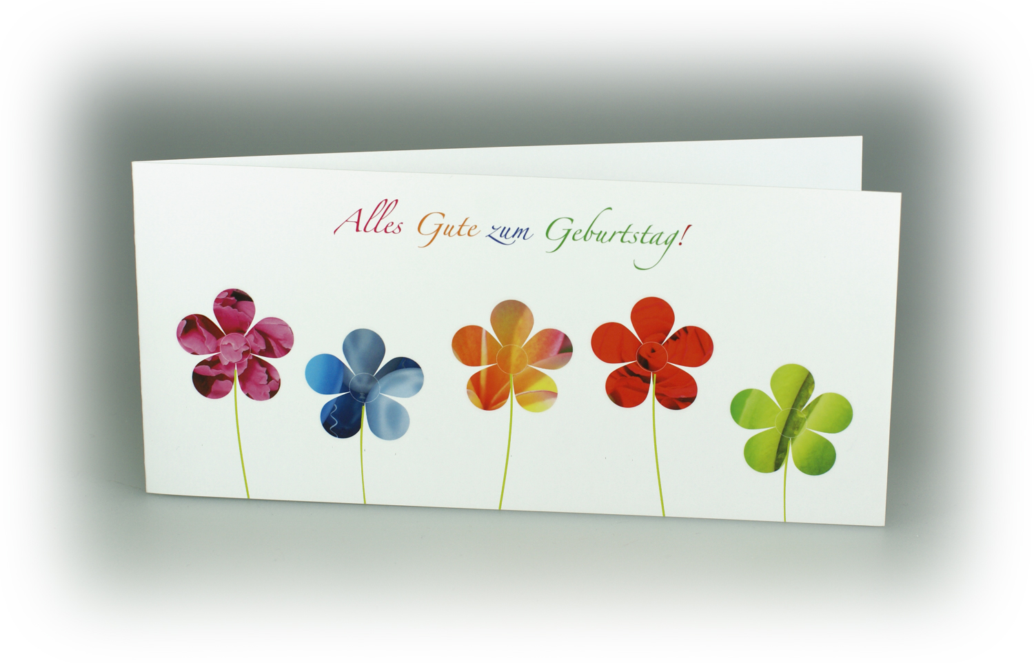 Glückwunschkarte 'Alles Gute zum Geburtstag' mit fünf bunten Blumen