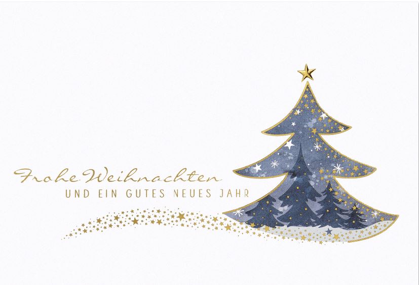 Weiße Weihnachtskarte mit Goldfolienprägung, Weihnachtsbaum und Sternen