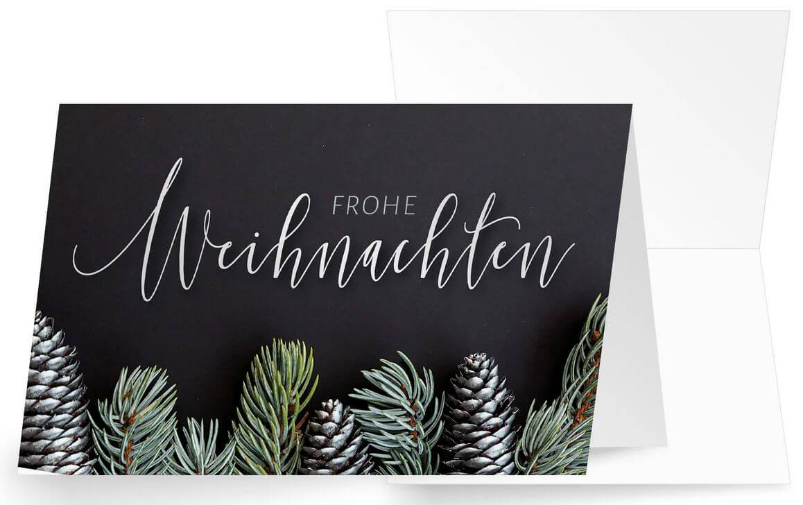 Moderne und stilvolle Weihnachtskarte in schwarz mit Gruß, Tannenzapfen- und Zweigen