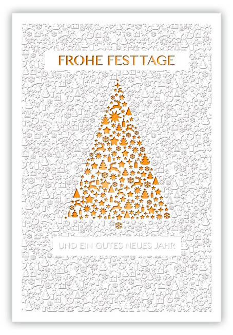 Weiße Weihnachts-Laserkarte mit weihnachtlichen Symbolen, Weihnachtsgruß und orangenem Einleger