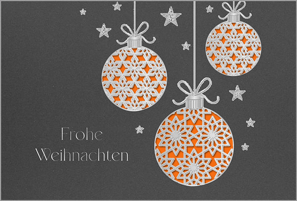 Elegante Weihnachtskarte in dunkelgrau mit silberner Prägung und Einlegeblatt in orange