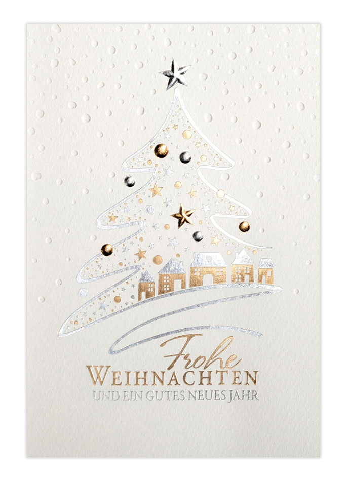 Cremefarbene Weihnachtskarte aus Aquarellkarton mit Blindprägung und Folienprägung