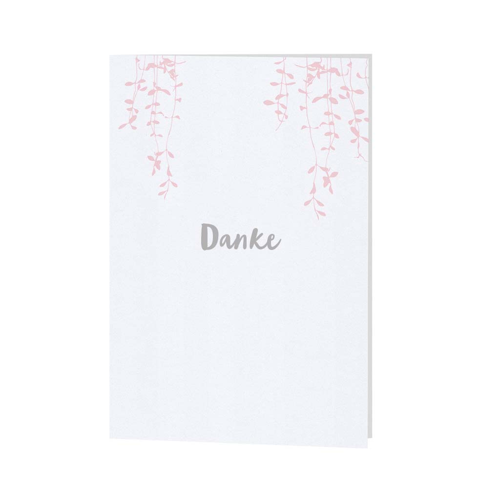 Dankkarte aus weißem Metallic-Karton mit rose Blätterranken und Beispiel-Schriftzug "Danke" passend zu romantischer Einladungskarte in grau 