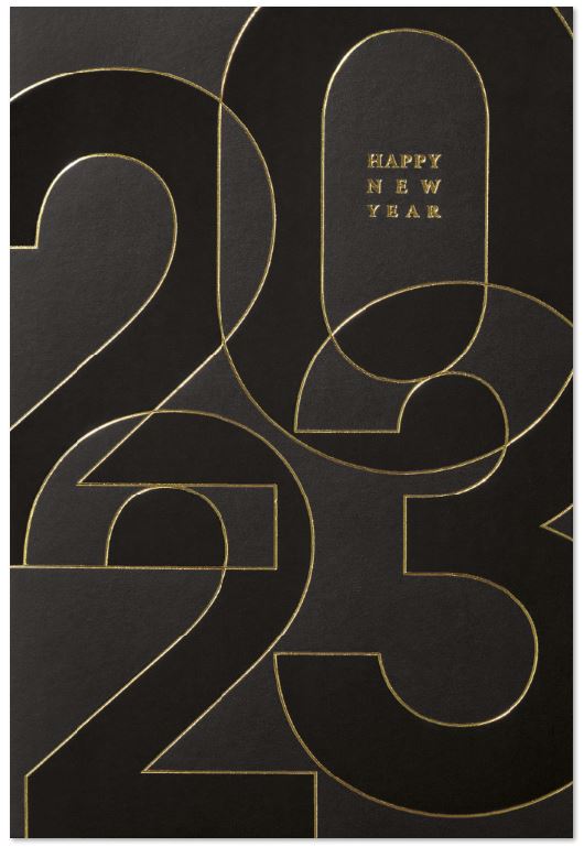 Moderne Neujahrskarte schwarz mit Jahreszahl 2023 und "Happy New Year" in gold