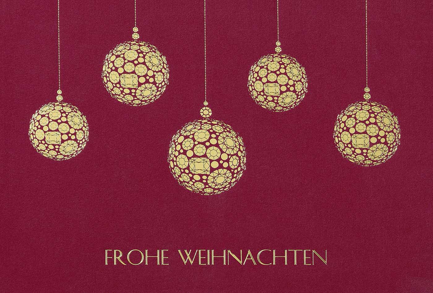 Bordeauxrote Weihnachtskarte mit goldenen Kugeln und Weihnachtsgruß, inkl. Einlegeblatt