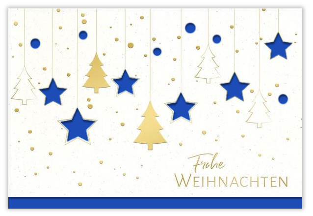 Naturweiße Weihnachtskarte mit Formstanzung Sterne, Goldfolienprägung und Einleger in blau