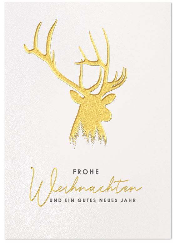 Edle Weihnachtskarte in weiß mit Hirschkopf und prächtigem Geweih sowie weihnachtlichen Grüßen, inkl. Einleger