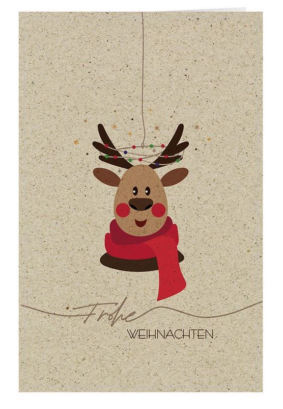 Origineller Weihnachtsgruß mit Rudolph, dem Rentier und "Frohe Weihnachten" auf Graspapierkarton