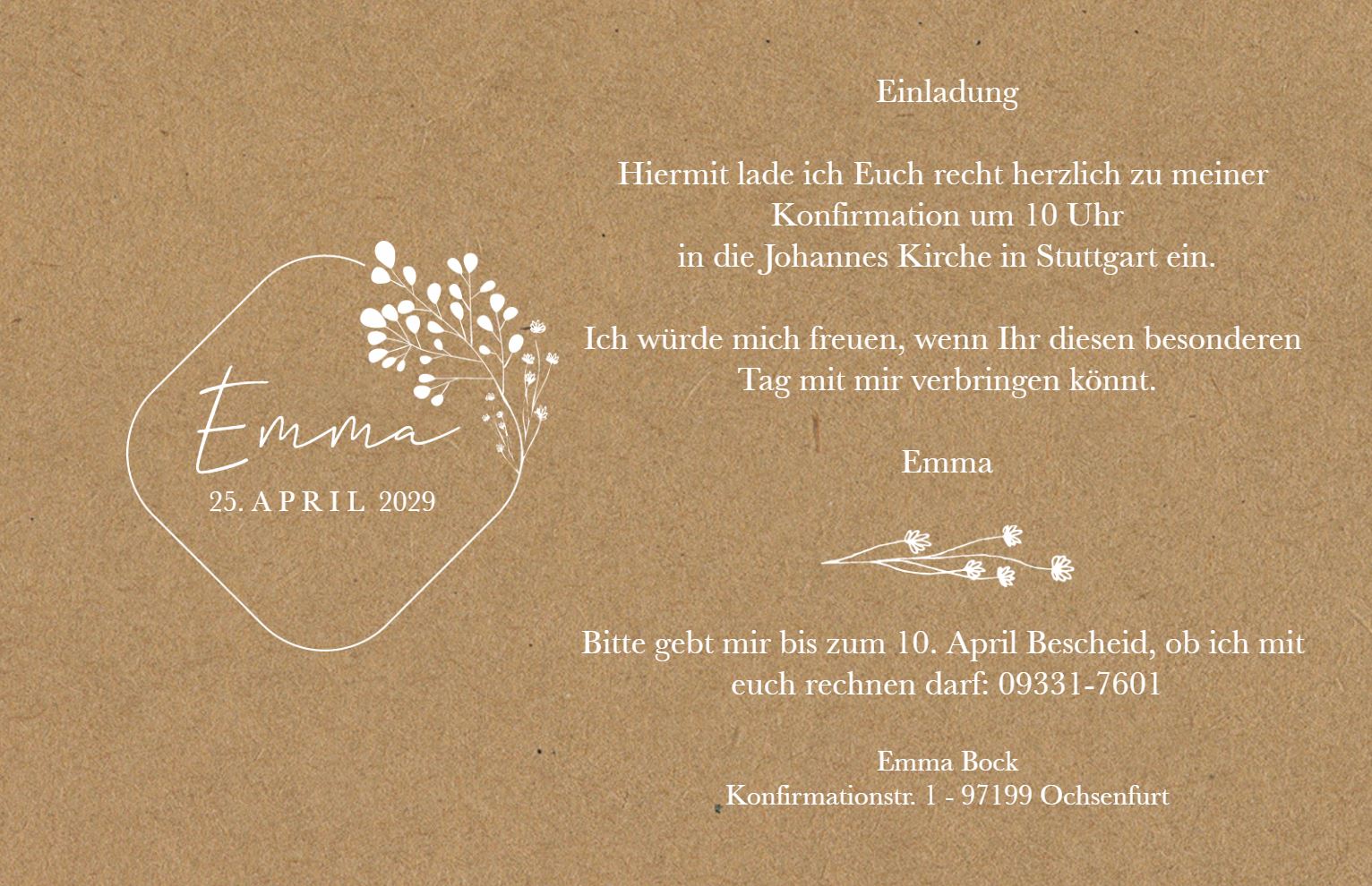 Beispielgestaltung mit Mustertext für naturbraune Einladungskarte zur Konfirmation mit floralem Druck