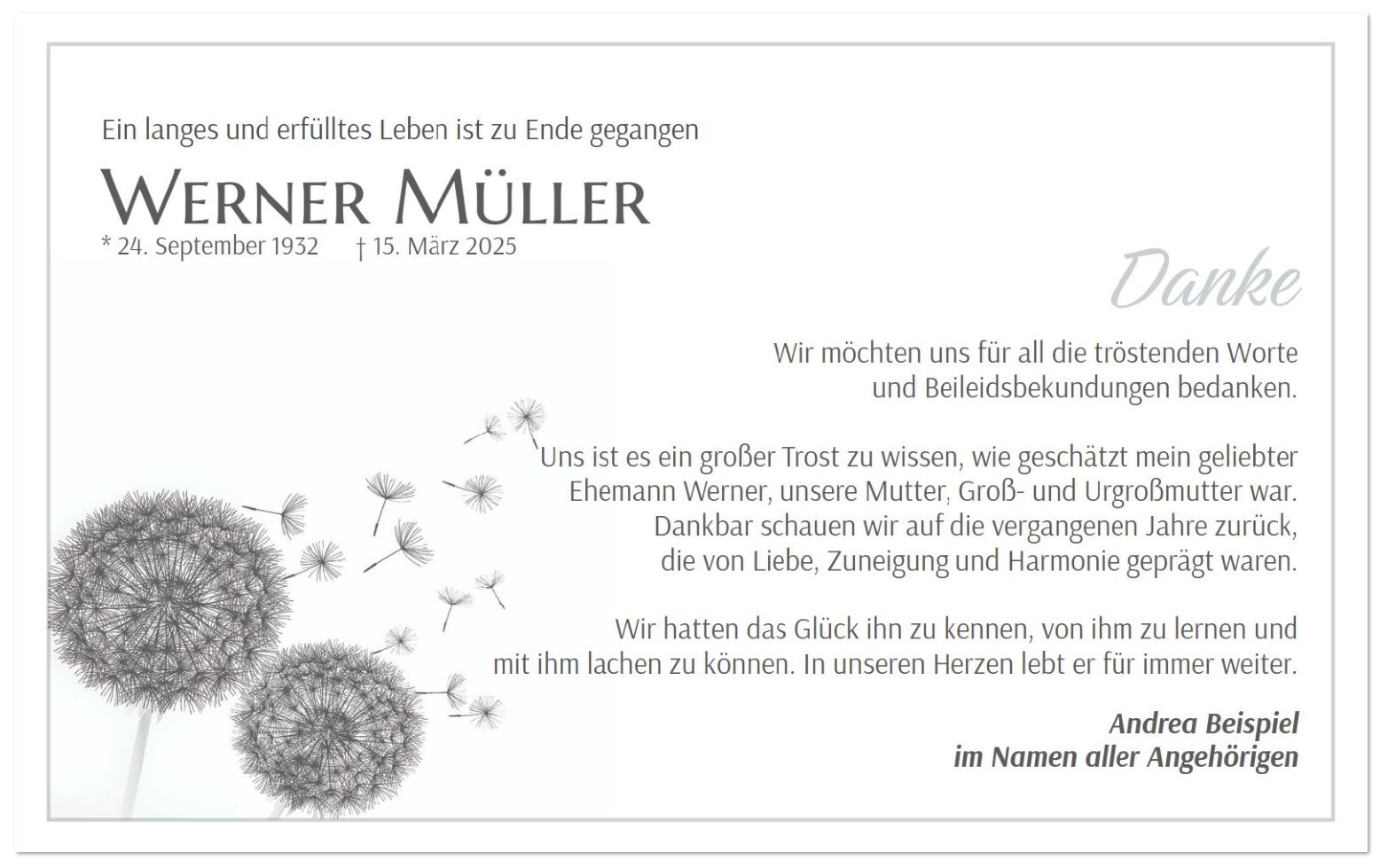 Das Trauermotiv zeigt einige im Wind fliegende Samen, losgelöst von den abgeblühten Löwenzahnblüten (Pusteblumen), umrahmt von einem dezenten, grauen Trauerrand.