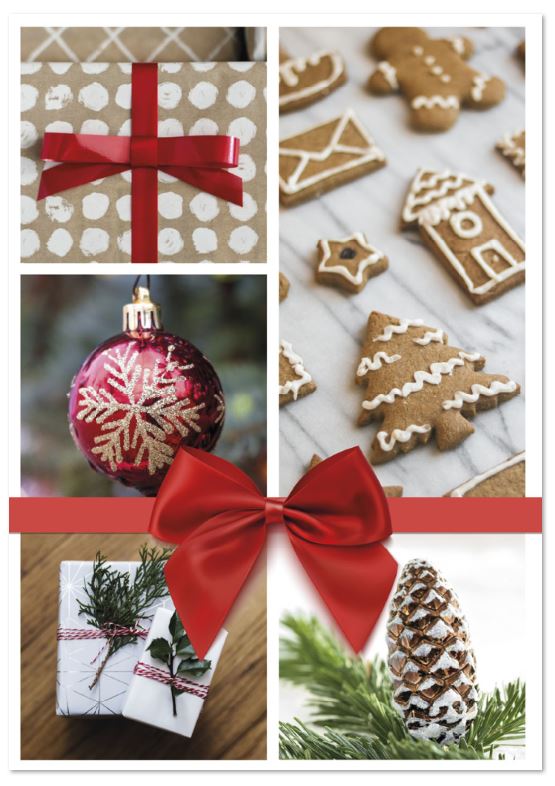 Traditionelle Spendenkarte mit Fotocollage von Weihnachtsmotiven und Spendenanteil für Deutsche Kinderkrebs-Stiftung