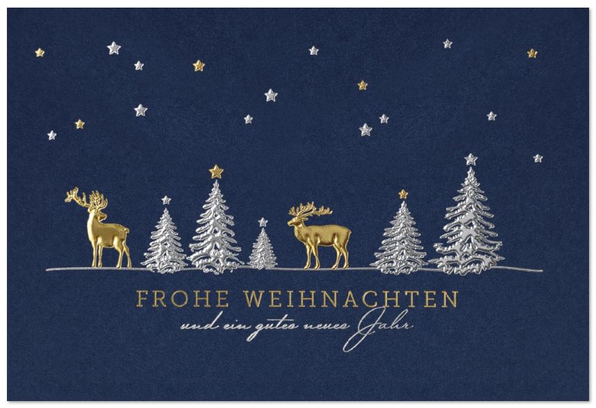 Blaue Weihnachtskarte mit Gold- und Silberfolienprägung "Hirsche im Wald unter Sternen"