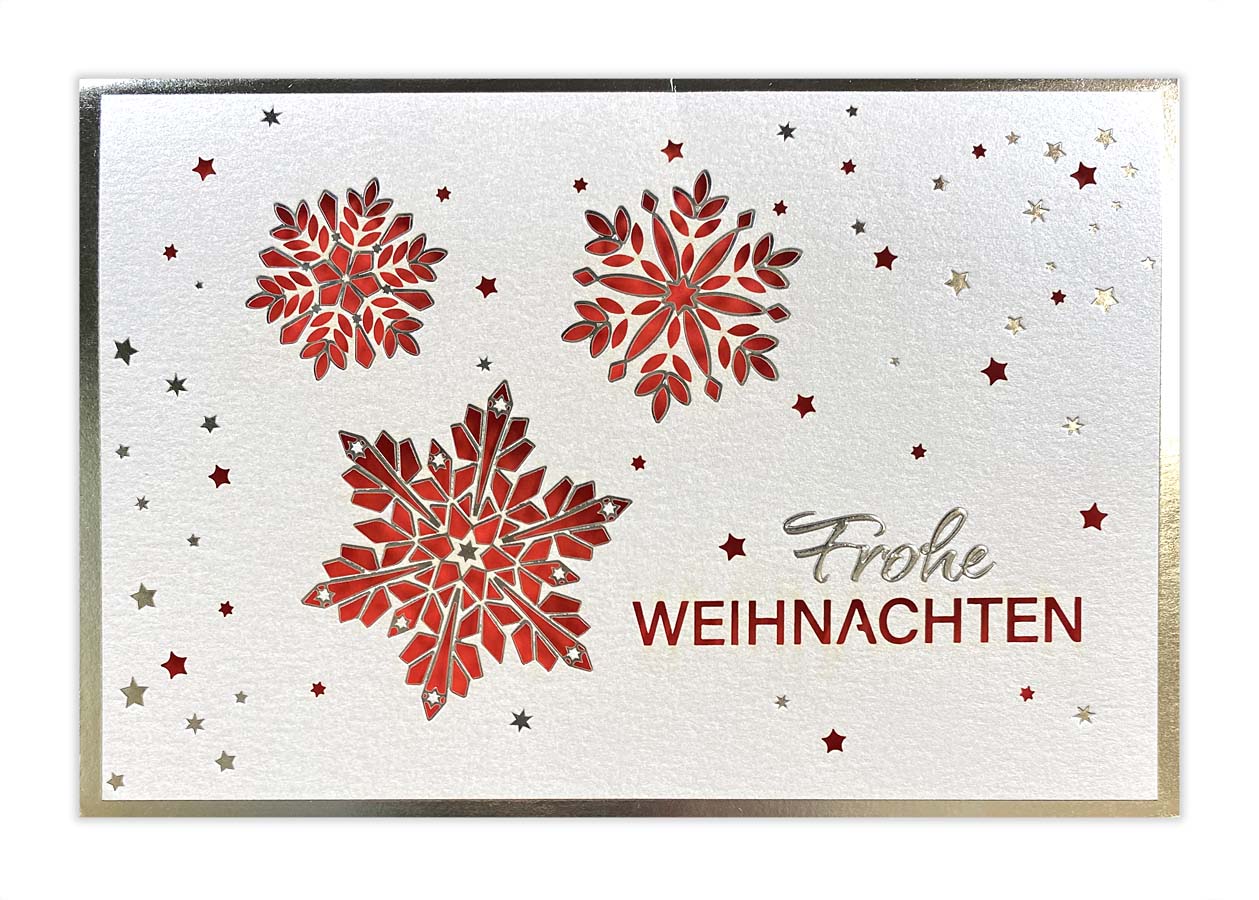 Laser-Weihnachtskarte in weiß mit Silberprägung und rotem Einlegeblatt