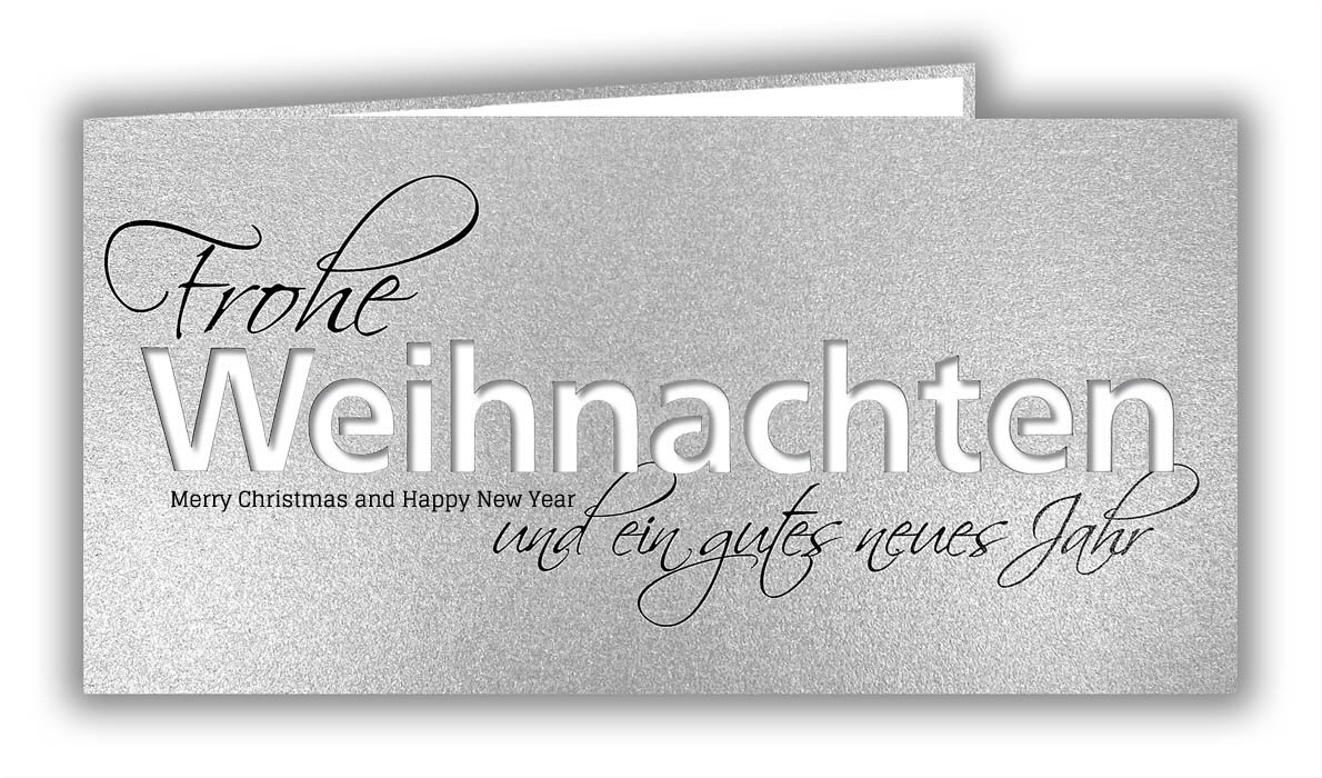 Silberne Weihnachtskarte mit weißem Einlegeblatt, Stanzung und deutsch-englischem Gruß