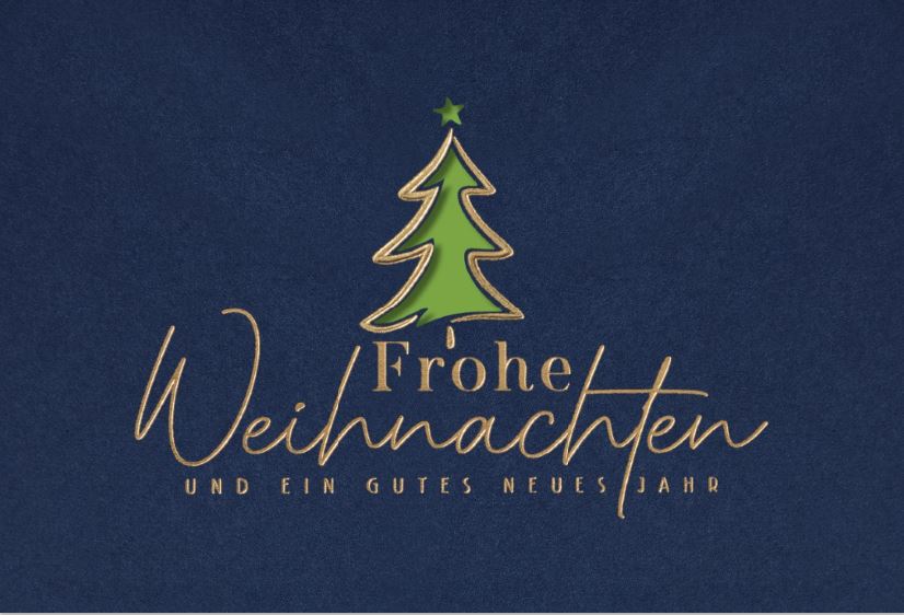 Dunkelblaue Weihnachtskarte mit Laserstanzung Baum, Goldfolienprägung und Einleger in hellgrün