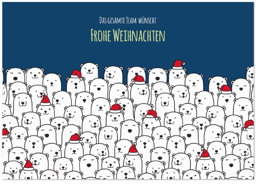 Team-Weihnachtskarte im lustigen Design mit Eisbären und roten Weihnachtsmützen