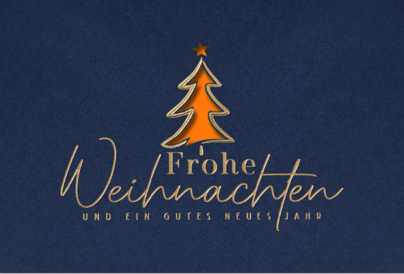 Dunkelblaue Weihnachtskarte mit Laserstanzung Baum, Goldfolienprägung und Einleger in orange