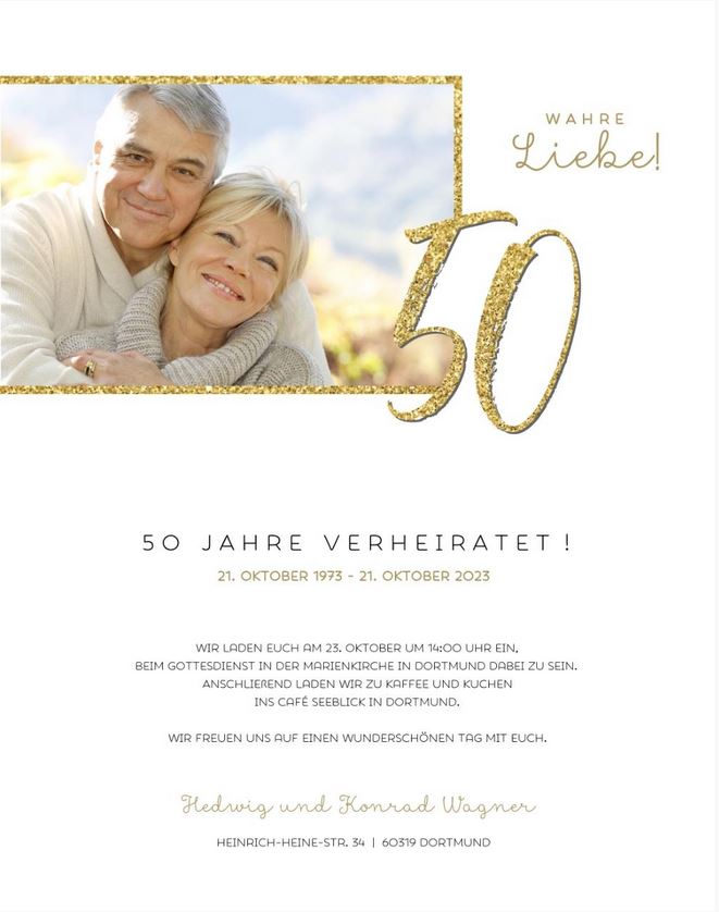 Gestaltungsvorschlag für die Innenseiten mit eigenem Foto und Mustertext passend für die Goldene Hochzeit