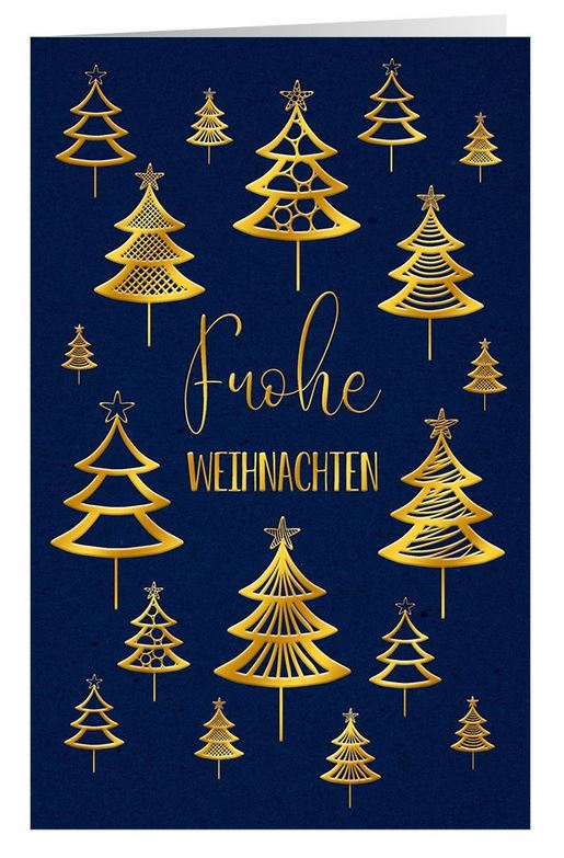 Dunkelblaue Weihnachtskarte mit "Frohe Weihnachten" und goldenen Weihnachtsbäumen