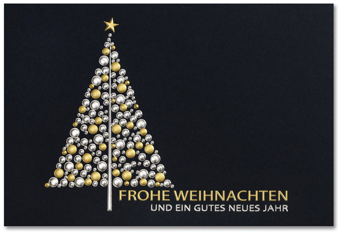 Weihnachtskarte schwarz mit Weihnachtsbaum und Schriftzügen