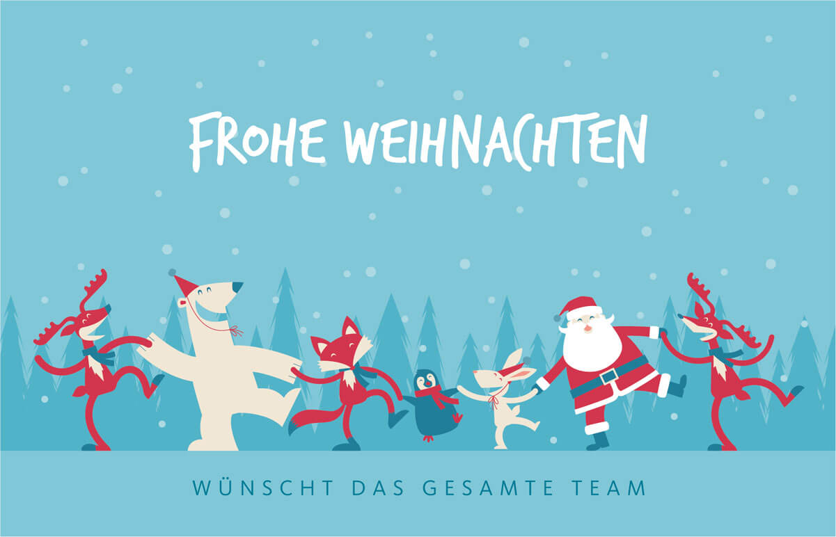 Fröhliche Weihnachtskarte mit tanzender Gruppe aus Eisbär, Fuch, Weihnachtsmann mit Gruß