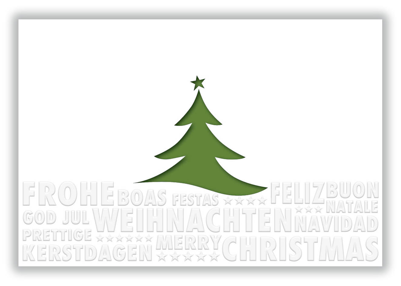 Mehrsprachige, cremeweiße Weihnachtskarte mit internationaler Relief-Blindprägung, Baumstanzung und dunkelgrünem Einlegebalatt