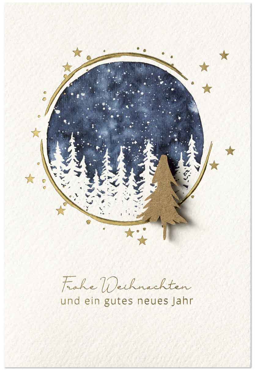 Cremeweiße Weihnachtskarte mit goldenen Sternen und Gruß sowie Baum-Applikation