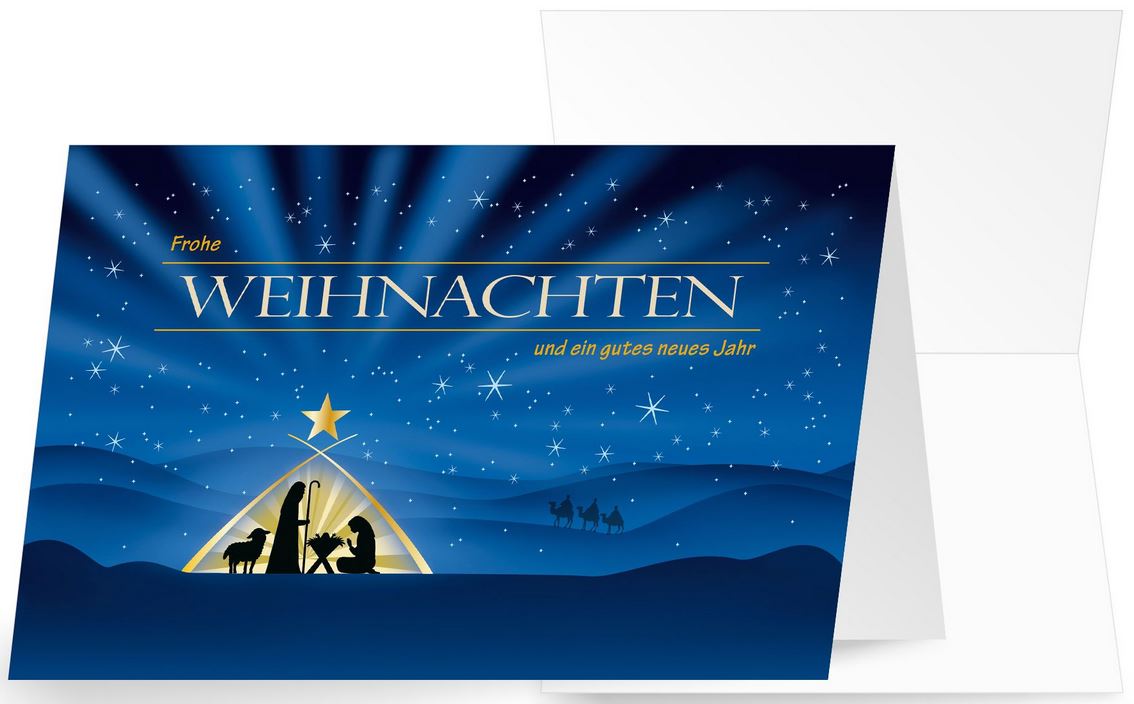 Blaue Weihnachtskarte mit religiösem Motiv von Maria und Josef im Stall von Betlehem