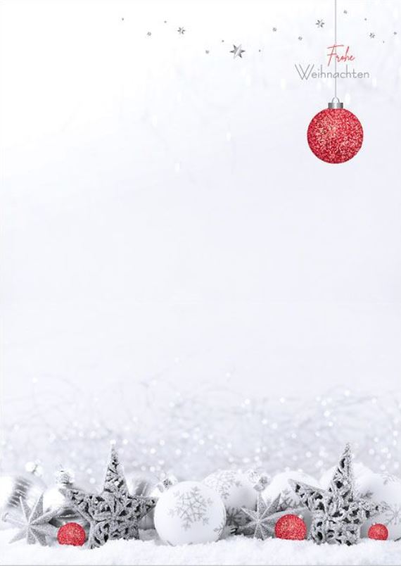 Winterliches Briefpapier mit roter  Weihnachtskugel, Sternen und dem Gruß "Frohe Weihnachten"