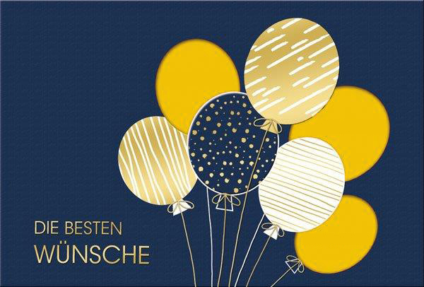 Fröhliche Glückwunschkarte in blau mit Luftballons und Formstanzung, Einlegeblatt gelb