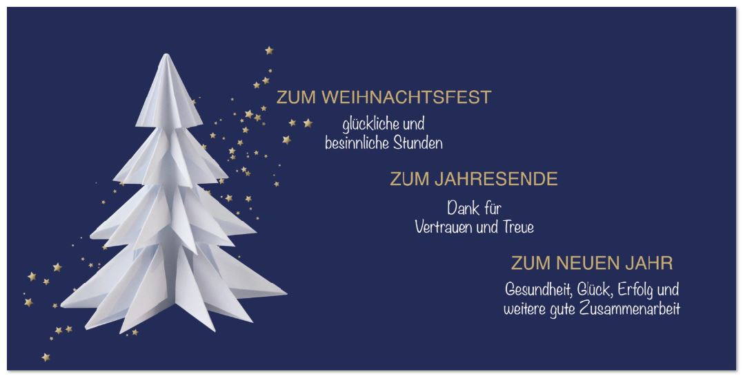 Blaue Firmenweihnachtskarte mit Weihnachts-und Neujahrsgruß sowie Dank für Vertrauen, DIN lang