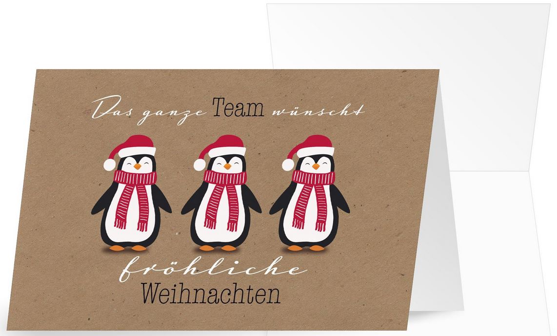 Lustige Team-Weihnachtskarte mit kleinen Pinguinen und Spende für Ärzte ohne Grenzen