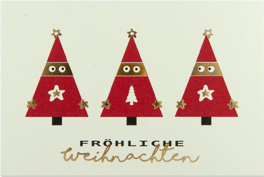 Witziger Weihnachtsgruß mit drei lustig schauenden Weihnachtsbäumen und "Fröhliche Weihnachten"