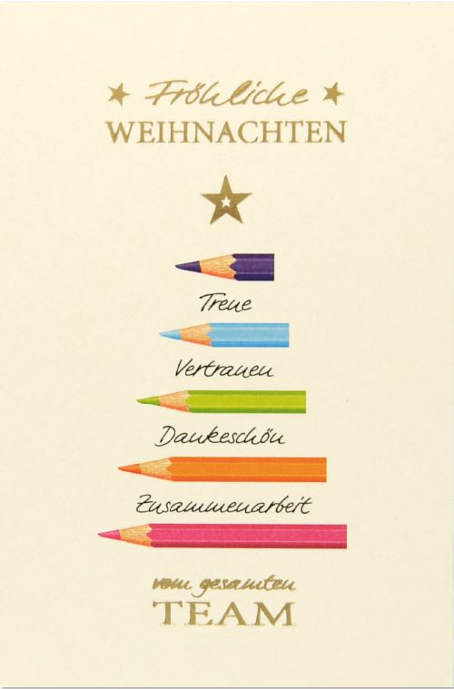 Bunte Team-Weihnachtskarte mit Goldfolienprägung, bunten Farbstiften und positiven Worten