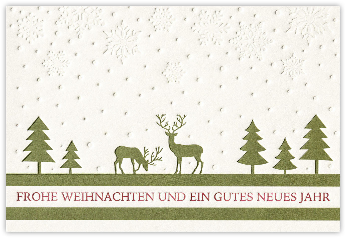 Festtagskarte creme mit Weihnachtsbäumen und Rentier Frohe Weihnachten und ein gutes neues Jahr