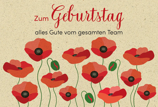 Geburtstagsglückwunschkarte mit rotem Klatschmohn und Grüßen vom gesamten Team