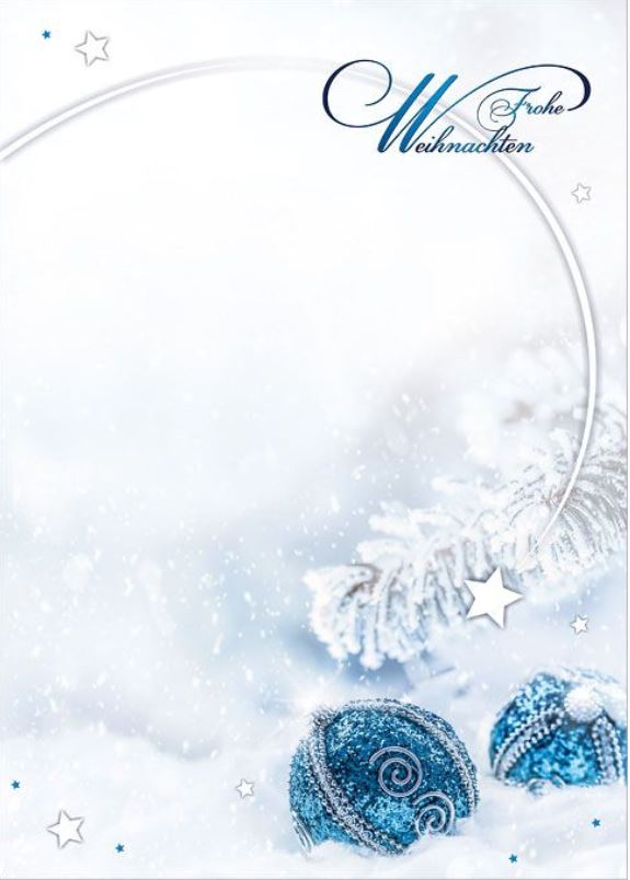 Winterlich-weihnachtliches Briefpapier mit blauen Kugeln im Schnee und "Frohe Weihnachten"