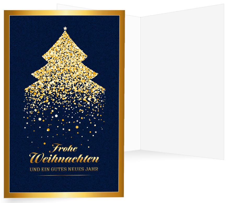 Dunkelblaue Weihnachtskarte mit goldenem Weihnachtsbaum, Weihnachtsgruß und Spende Ärzte ohne Grenzen