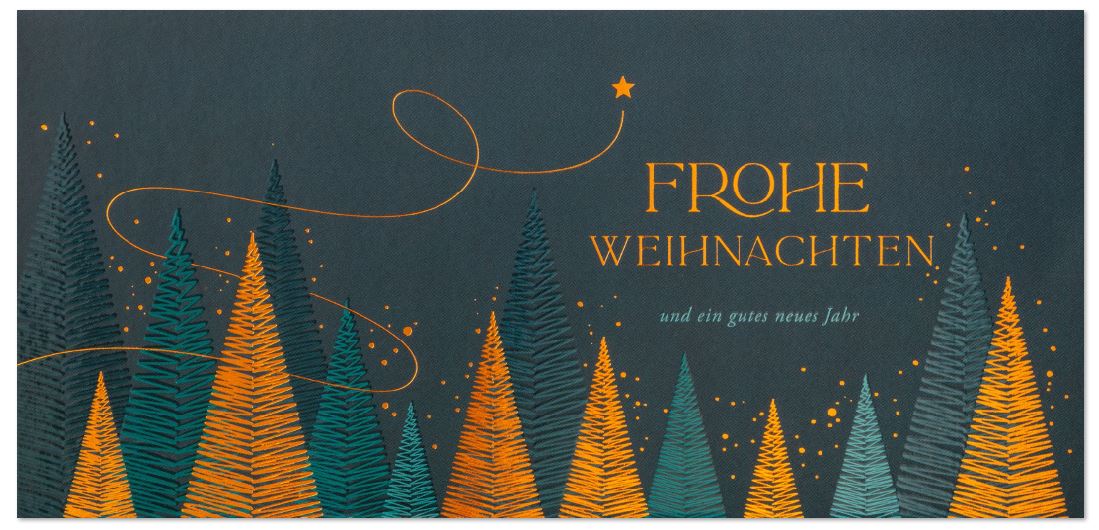 Dunkelgraue Weihnachtskarte mit foliengeprägten Tannenbäumen und Weihnachtsgruß