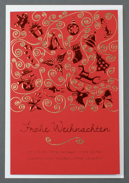 Weihnachtskarte in rot mit weihnachtslichen Symbolen in Folienprägung und Goldornament