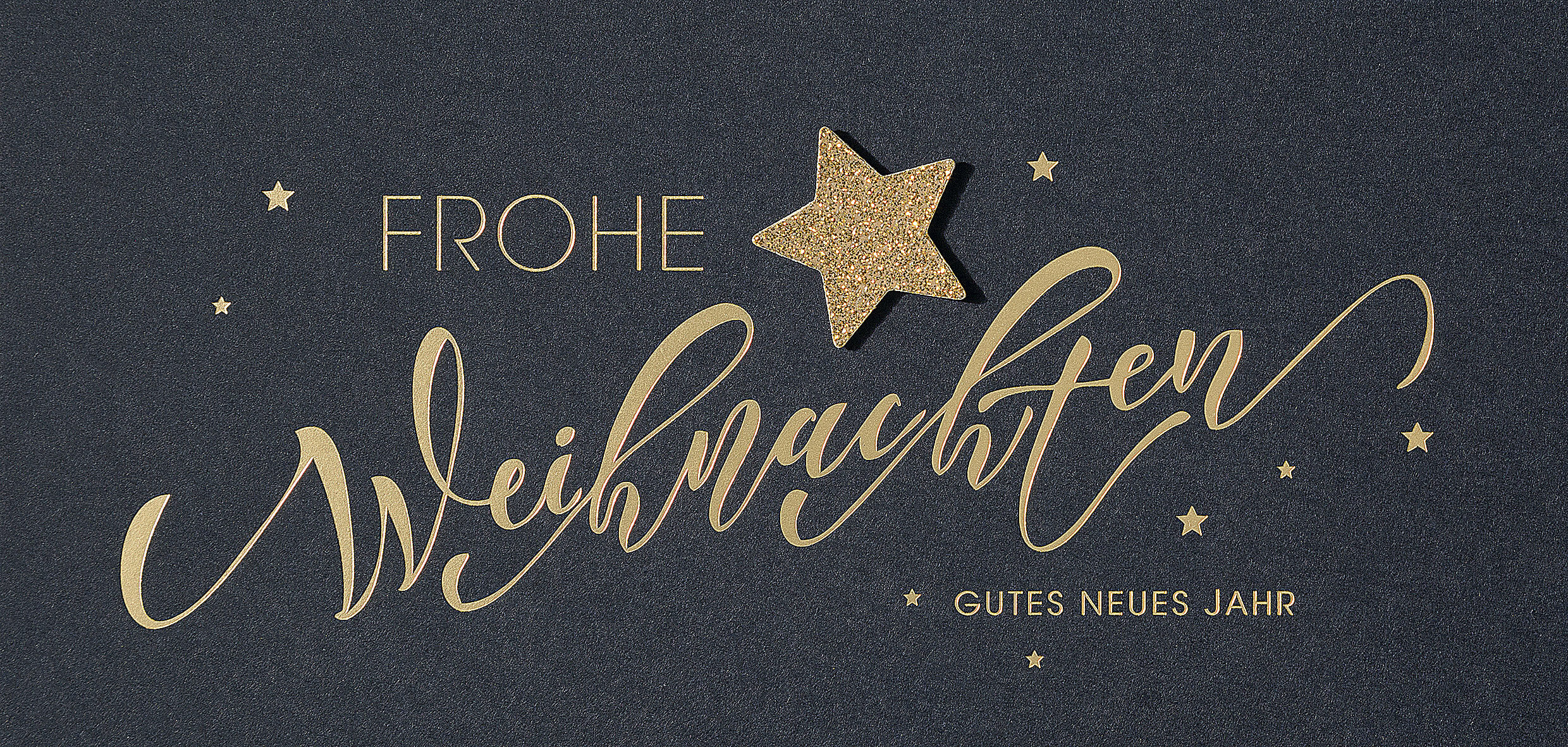 Festliche Weihnachtskarte in dunkelblau mit goldenem Glitzerstern und Weihnachtsgüßen