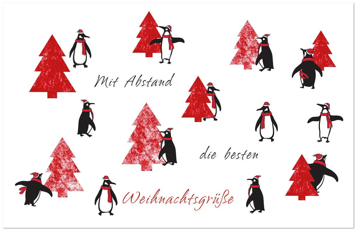 Humorvolle Weihnachtskarte mit lustigen Pinguinen und roten Bäumchen