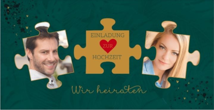 Puzzle-Einladungskarte zur Hochzeit, DIN lang mit eigenen Fotos als beidseitig bedruckbare Einzelkarte