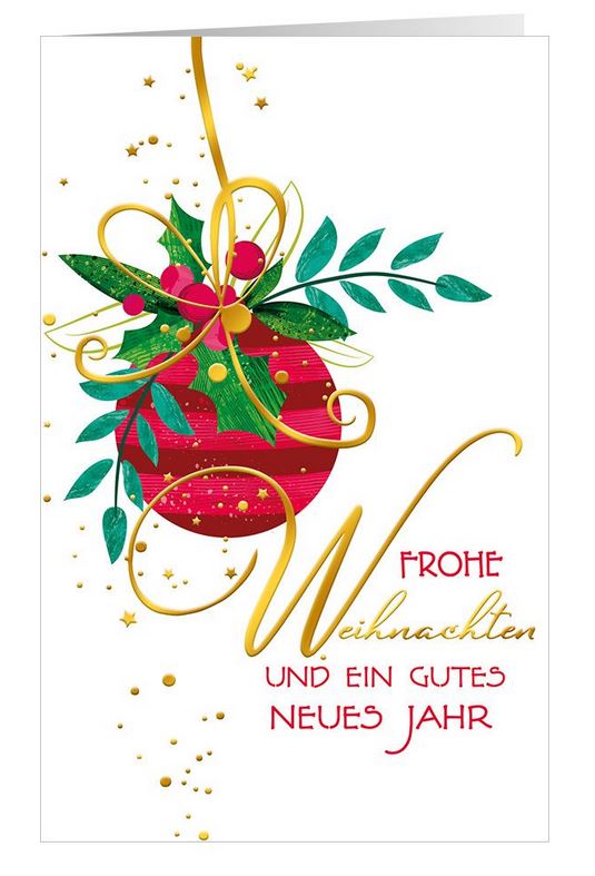 Floral verzierte Weihnachtskarte mit roter Baumkugel und goldener Goldfolienprägung