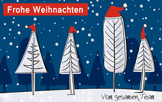 Humorvolle Firmenweihnachtskarte mit Weihnachtsbäumen und Mützen sowie Grüßen vom Team