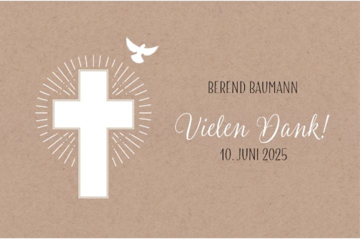 Vorderseite von Kommunion-Danksagung mit weißem Kreuz und Taube in Kraftpapier-Optik