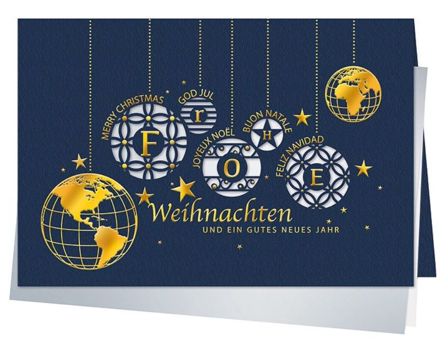 Mehrsprachige Laser-Weihnachtskarte in blau mit silbernem Einleger und edler Goldfolienprägung