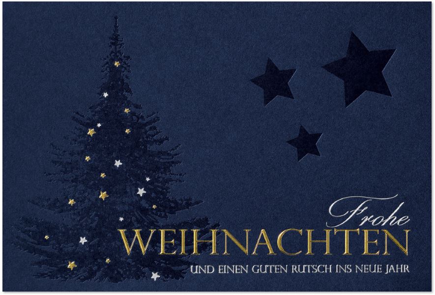 Edle Weihnachtskarte in dunkelblau mit Silber- und Goldfolienprägung, inkl. Einlegeblatt