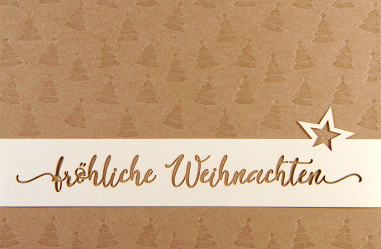 Edle Weihnachtskarte mit Weihnachtsbäumen und Banderole