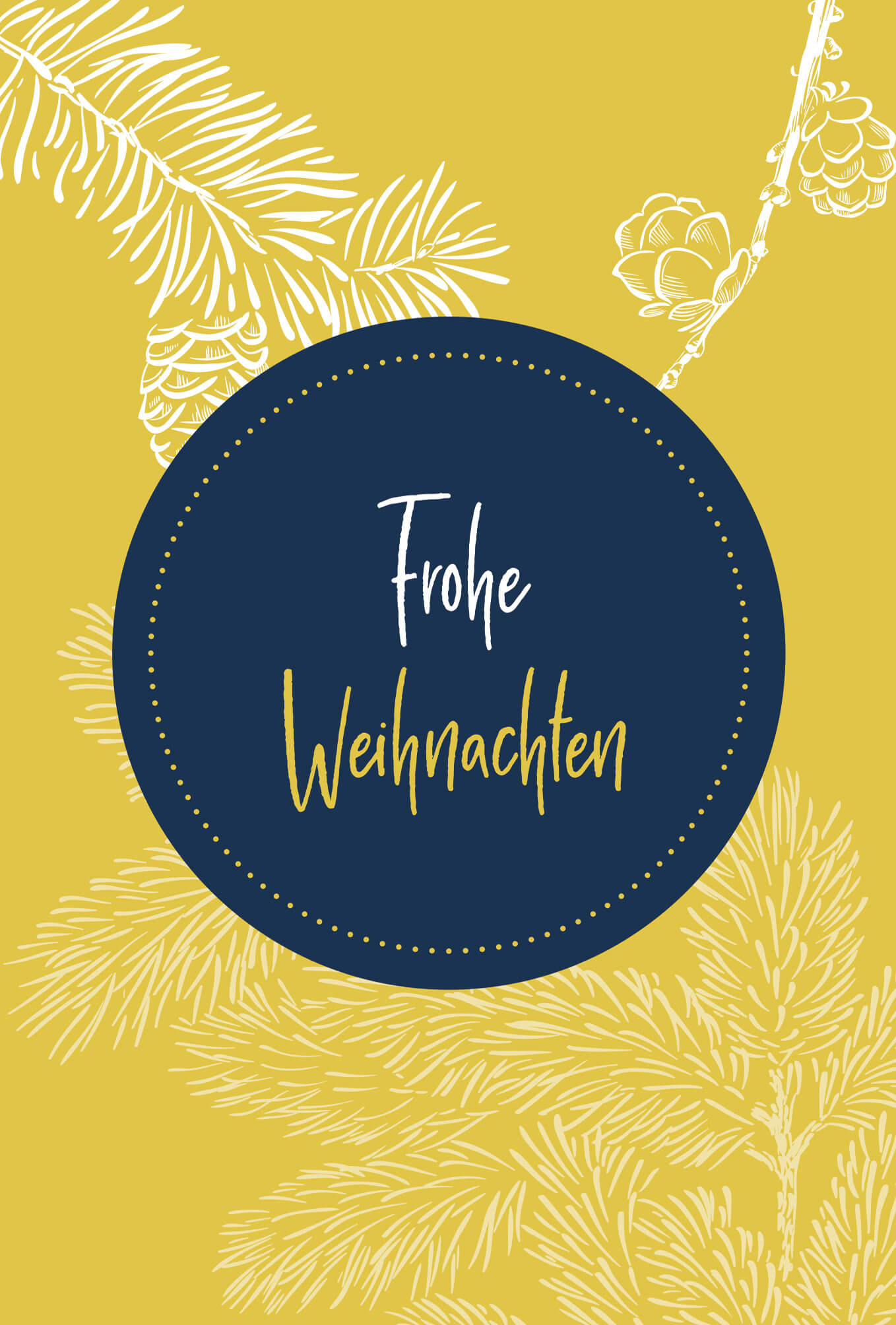 Leuchtende Weihnachtskarte in gelb und blau mit dem Gruß "Frohe Weihnachten" und Zweigen